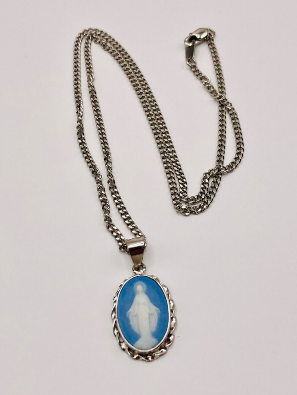 Blue Cameo Miraculous Medal Necklace Sterling Silver Frame on Stainless Steel Ch
